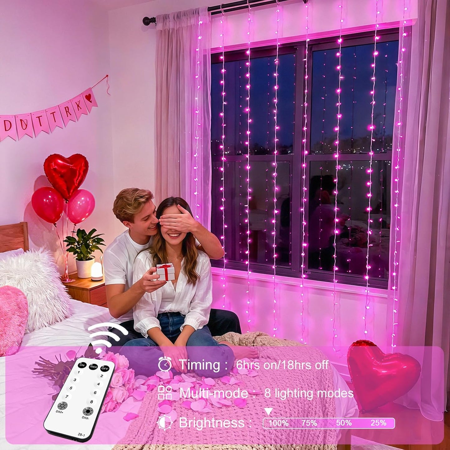 300 LED Curtain Lights Plug in with Remote, Pink String Lights for Bedroom, Christmas, Window, Wall, Party, Teen, Girls' Room, Dorm, Valentine'S Day Indoor Outdoor Decor, 9.8X9.8Ft